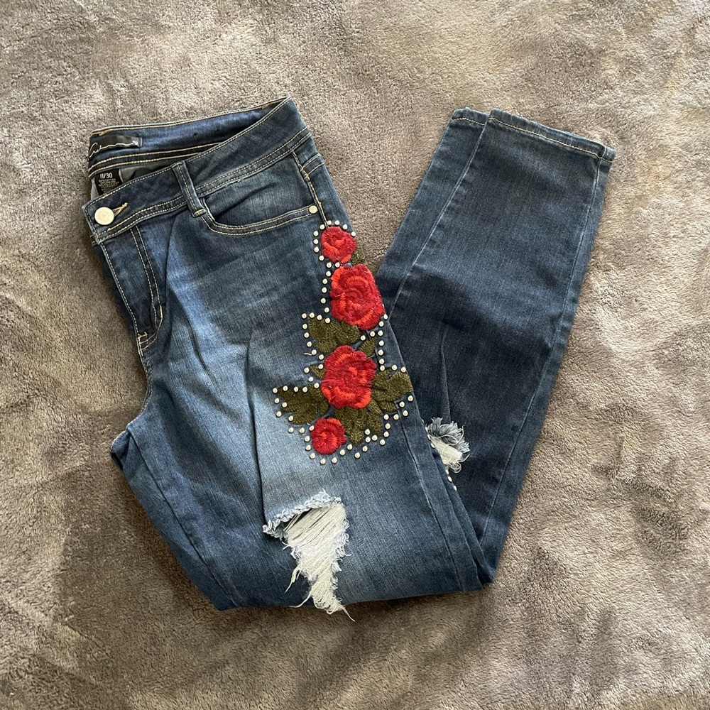 Distressed Embroidered Skinny Jeans